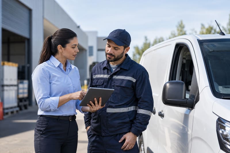 Gestora e técnico coordenam uma atividade ao lado de um veículo de serviço estacionado.