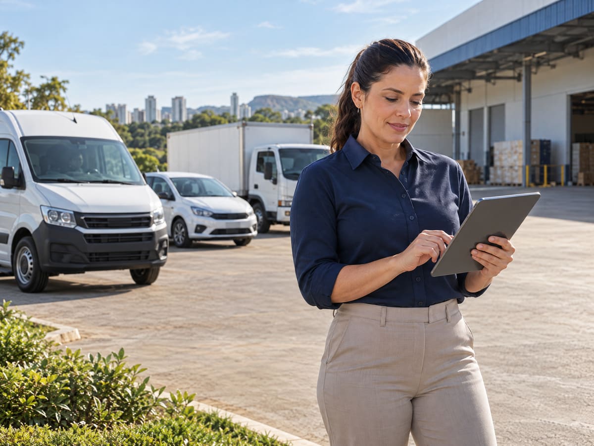 Gestora consultando um tablet em frente a um centro de distribuição, com van, carro e caminhão estacionados.