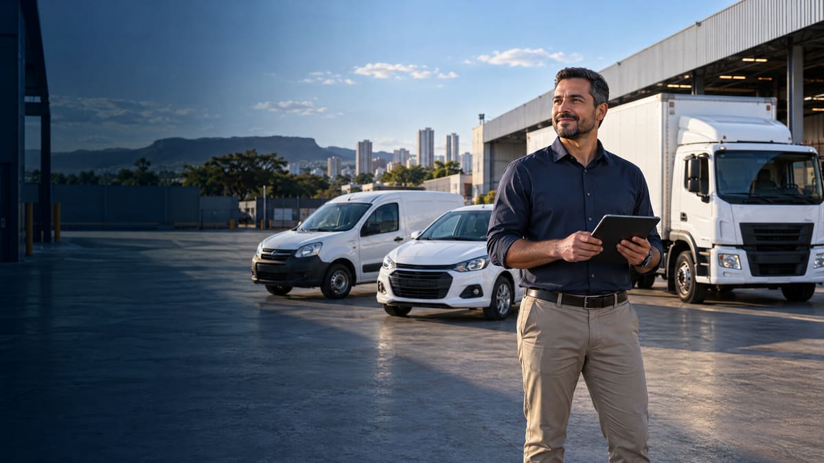 Gestor segurando um tablet em um pátio com van, carro e caminhão brancos estacionados ao fundo.